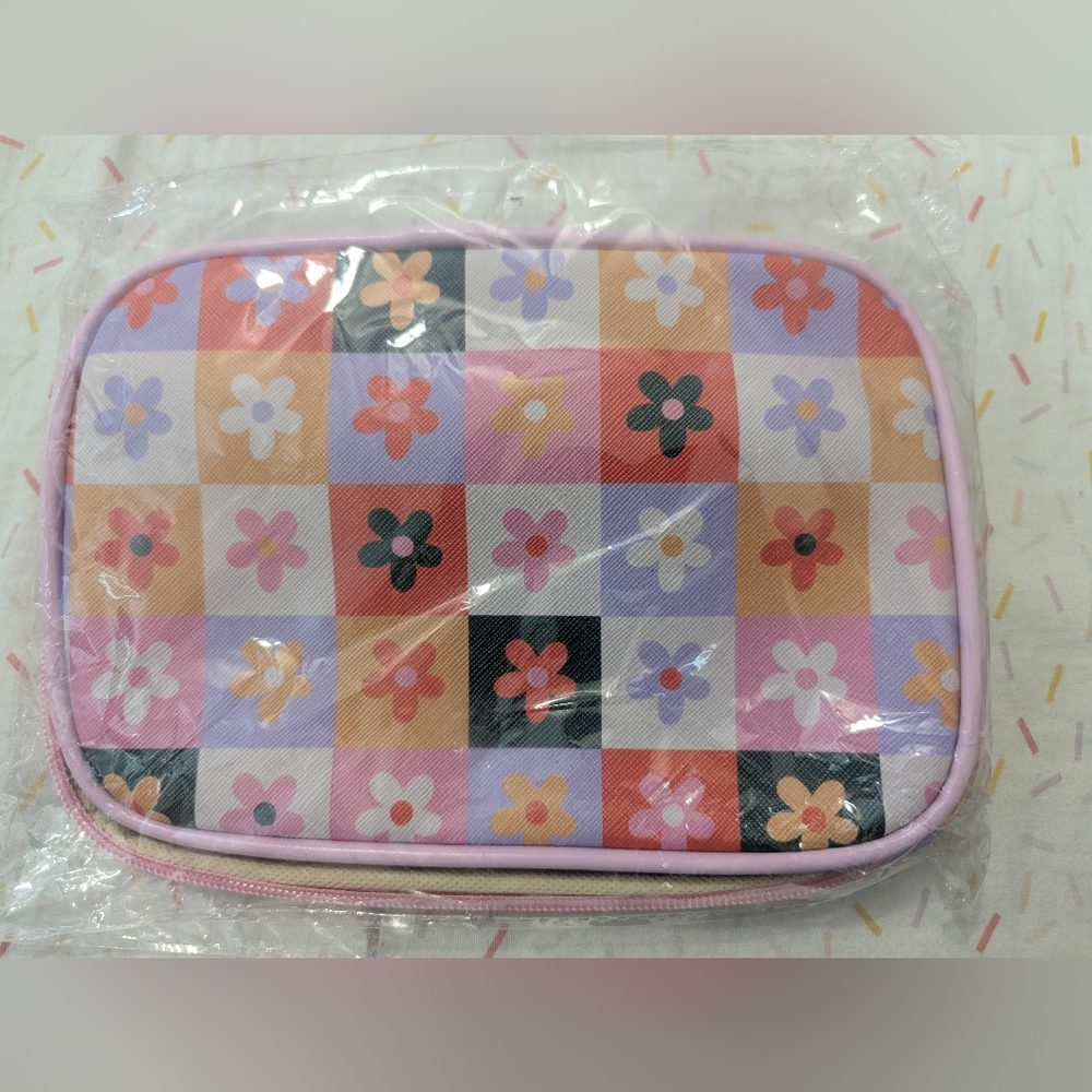 Floral Check Cosmetic Bag in Pastel Pink